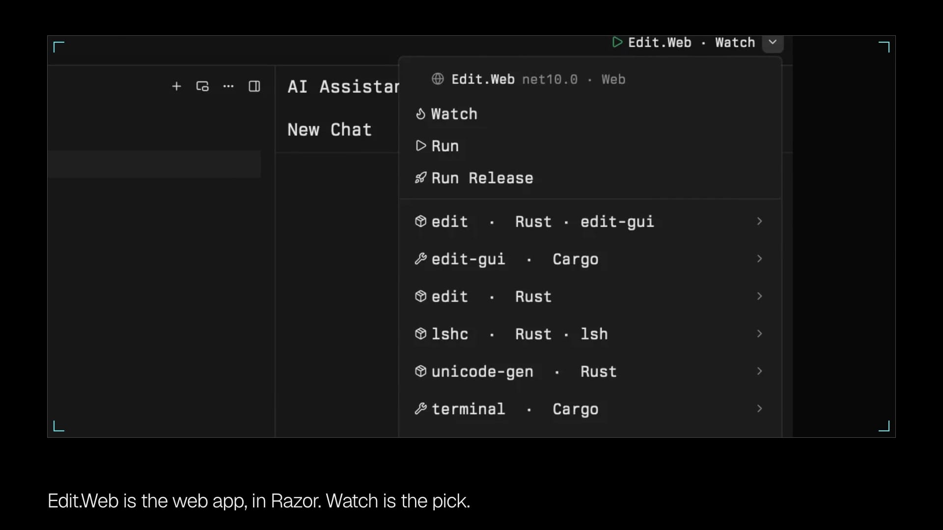Opening the Edit folder, the Run menu on Edit.Web Watch, Play starting dotnet watch, and the page at localhost:5281.