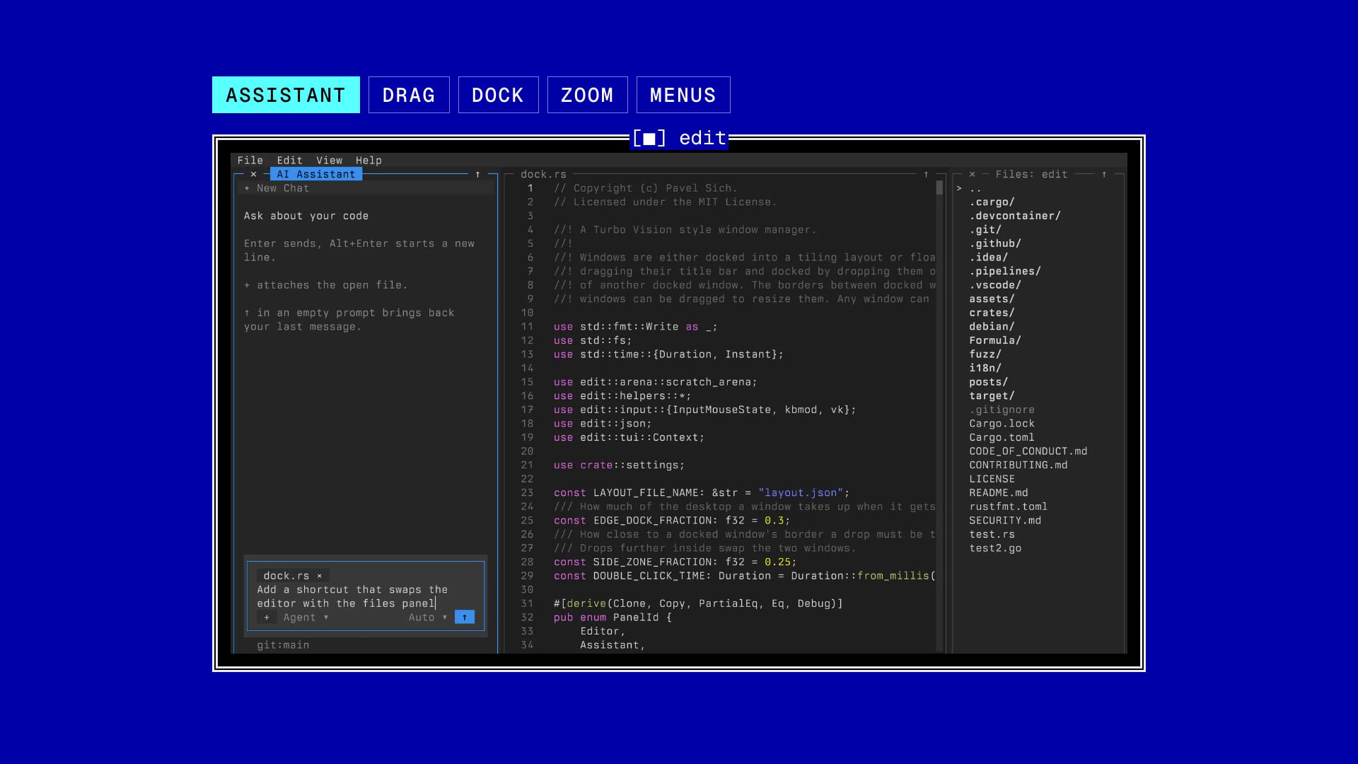 The terminal version: the assistant, dragging a window to dock it, zoom, and the menus.