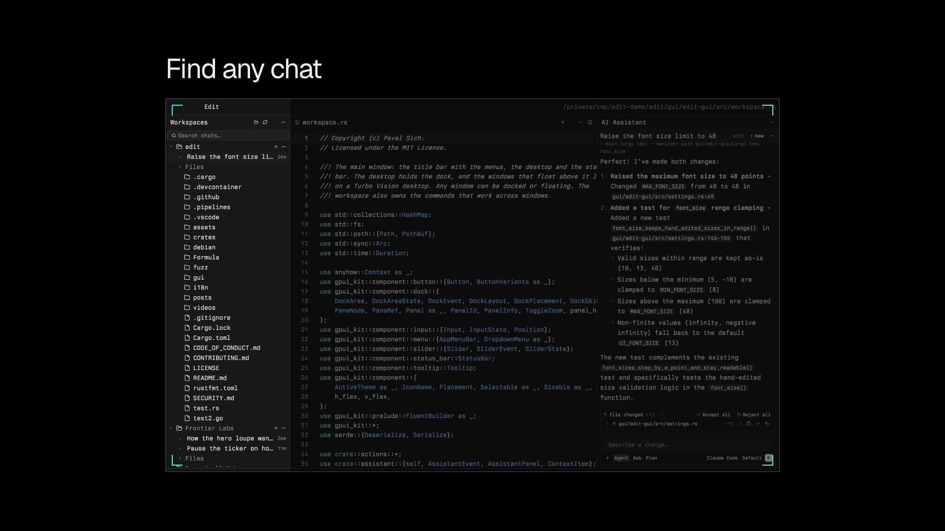 Workspaces with three folders. The edit folder is open, showing its chats above its files.