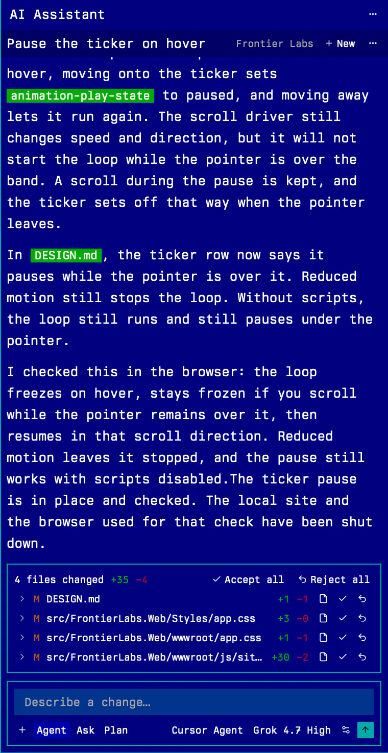 The AI Assistant after an agent turn: the summary, four changed files with line counts, Accept all, Reject all, and the composer with the Cursor Agent model.