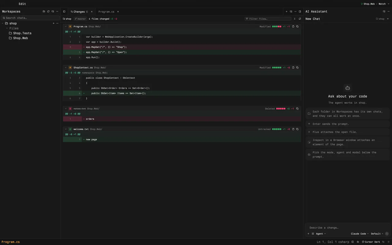 The Changes tab in Cursor Dark. Four files differ from the last commit of a sample web app: Program.cs and ShopContext.cs are modified, notes.txt is deleted, and welcome.txt is new. Each diff is open in the one list.