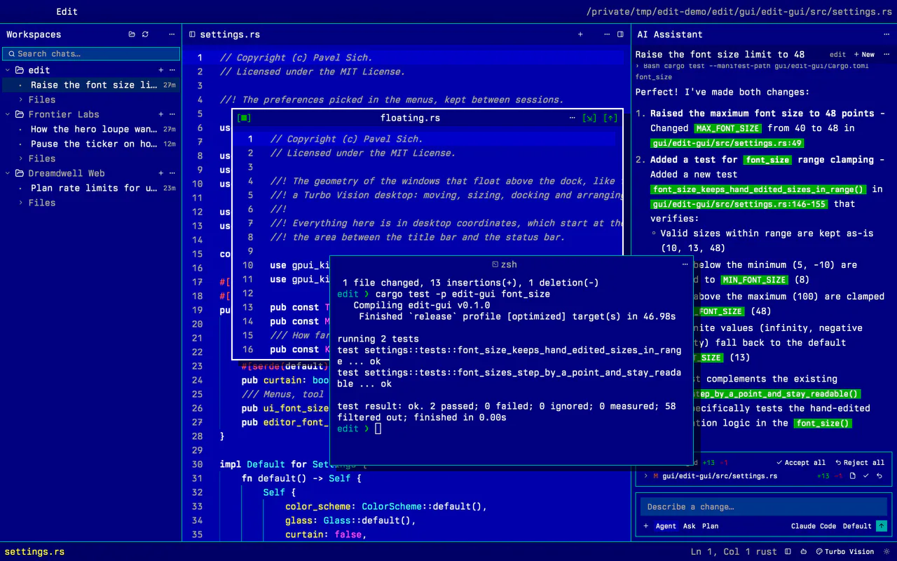 Two floating windows over the docked layout: floating.rs and a terminal, in Turbo Vision frames.